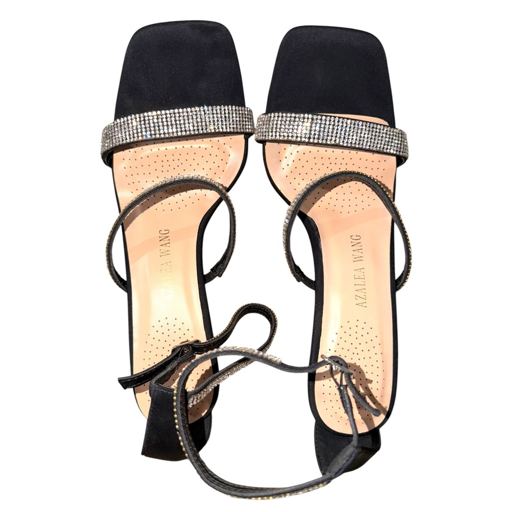 Azalea Wang Black Rhinestone Strappy Stiletto Heels Square Toe Sandals 10 - Picture 6 of 12